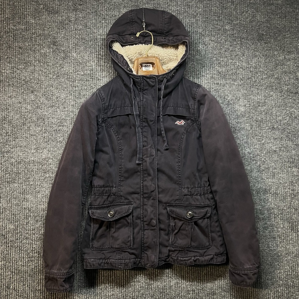 Y2K Hollister Sherpa Lined Jacket Full Zip Navy Blue Women's Size‎ XS Hooded